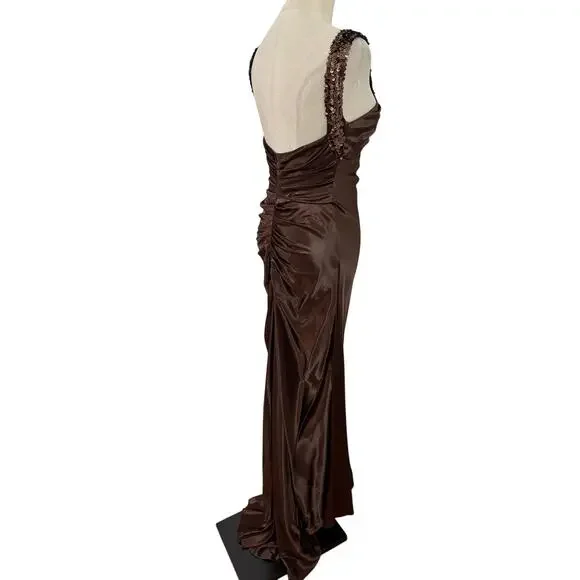 Vtg 90s Zum Zum brown satin dress sequin straps evening gown ruched low back 3/4 - Picture 8 of 8
